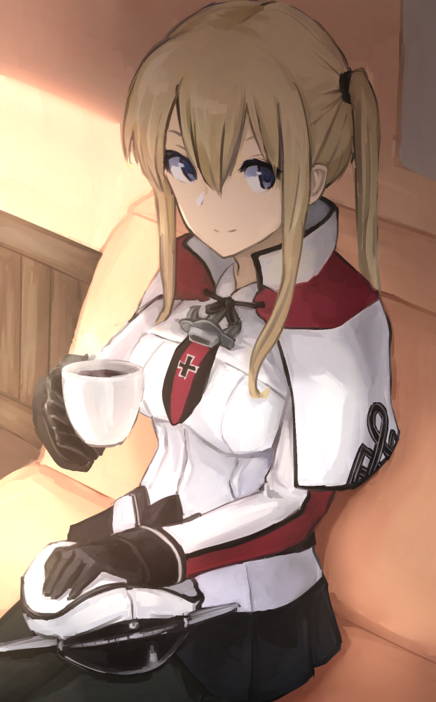 1girl blonde_hair blue_eyes cup gloves graf_zeppelin_(kantai_collection) hat kantai_collection long_hair peaked_cap skirt smile solo teacup twintails weasel_(close-to-the-edge)