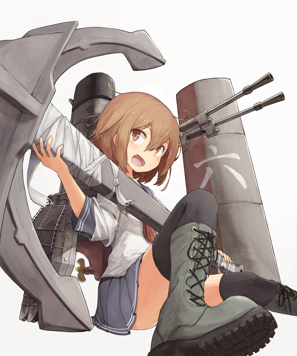 1girl :d ahoge anchor beize_(garbage) black_legwear black_ribbon blush boots brown_eyes brown_hair cannon cross-laced_footwear fang grey_boots hair_between_eyes highres holding ikazuchi_(kantai_collection) kantai_collection knee_boots legs_apart looking_to_the_side looking_up machinery neckerchief open_mouth pleated_skirt propeller railing red_ribbon ribbon shoe_soles shoelaces short_hair simple_background sitting skirt smile solo tareme thigh-highs tooth turret white_background zettai_ryouiki
