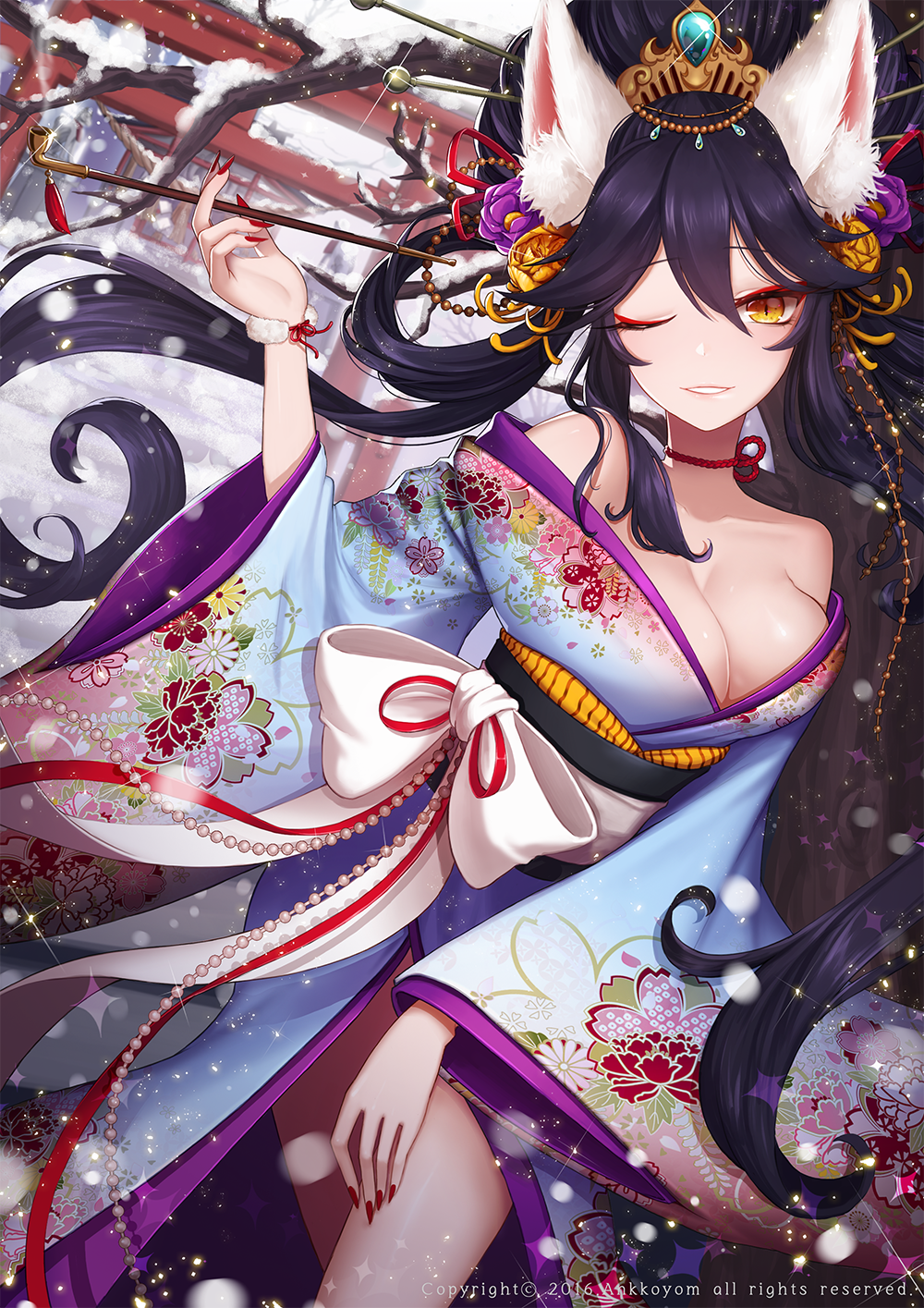 1girl 2016 ango animal_ears beads black_hair bow breasts cleavage collarbone dated eyelashes eyeliner eyeshadow fingernails floral_print flower fox fox_ears glint hair_flower hair_ornament hair_stick highres holding_pipe japanese_clothes jewelry kimono kiseru large_bow large_breasts long_fingernails long_hair looking_at_viewer makeup nail_polish obi one_eye_closed open_mouth original outdoors pipe red_nails sash sharp_fingernails shrine slit_pupils smile snowing solo sparkle torii tree_branch upper_body watermark yellow_eyes