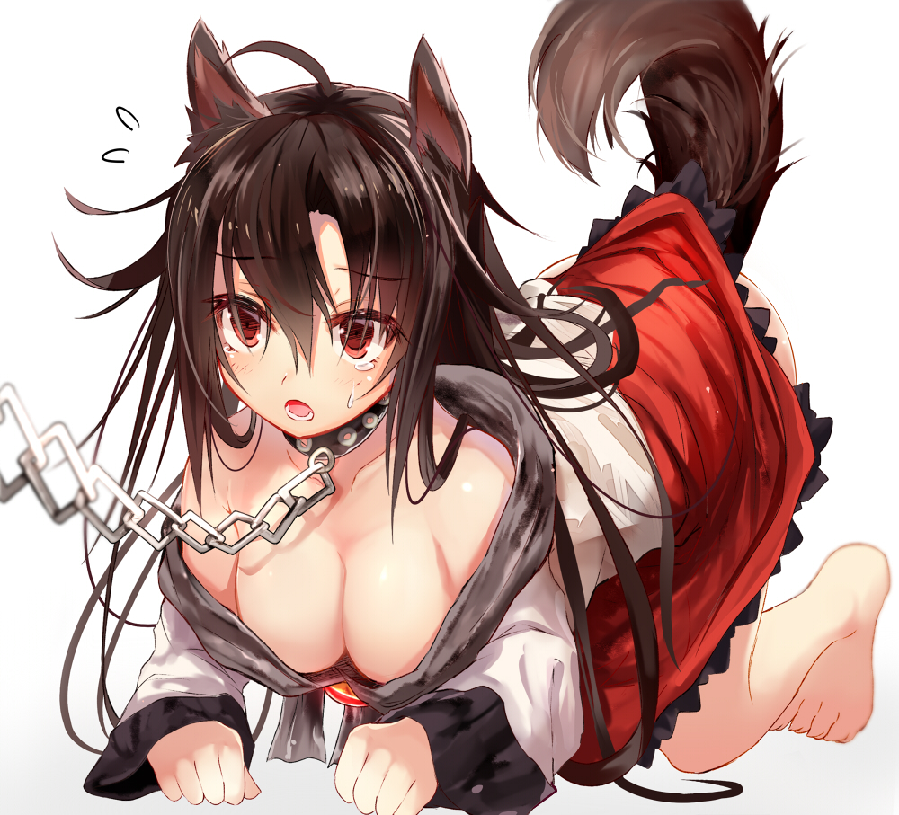 1girl ahoge all_fours animal_ears bangs bare_shoulders barefoot blush breasts brooch brown_hair chain cleavage collar collarbone dress efe hair_between_eyes imaizumi_kagerou jewelry large_breasts long_hair open_mouth red_eyes simple_background solo sweatdrop tail tears teeth touhou very_long_hair white_background wolf_ears wolf_tail