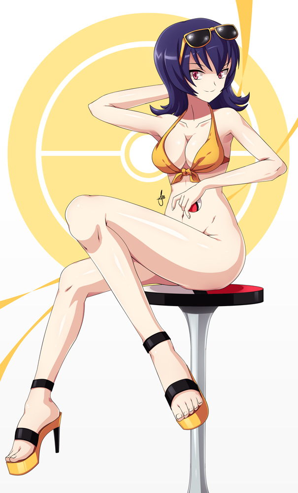 &gt;:) 1girl arm_up armpits artist_name bikini bottomless bow closed_mouth collarbone front-tie_bikini front-tie_top groin hand_behind_head high_heels holding holding_poke_ball knee_up looking_at_viewer midriff natsume_(pokemon) navel no_legwear on_table orange-framed_glasses orange_bikini orange_bow pink_eyes poke_ball poke_ball_print pokemon pokemon_(game) pokemon_hgss purple_hair scott_bennett shaded_face short_hair signature simple_background sitting_on_table smirk solo stomach sunglasses sunglasses_on_head swimsuit table toenails toes tsurime white_background