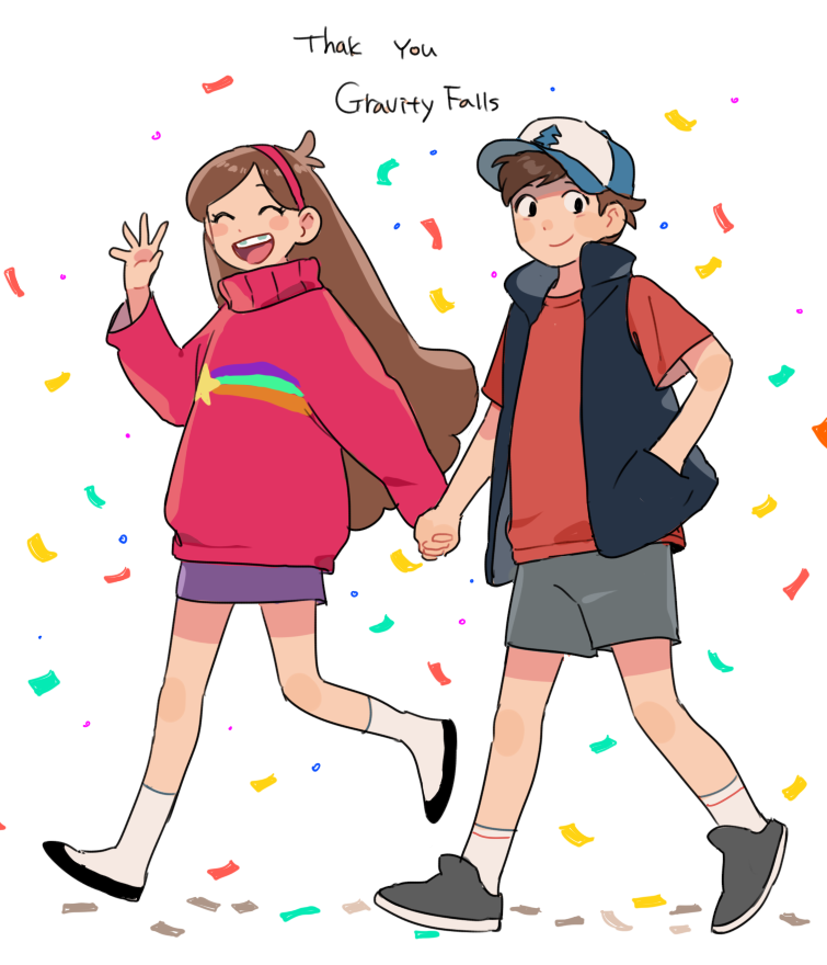 1boy 1girl baseball_cap blush_stickers braces brother_and_sister brown_hair cdov34 confetti copyright_name dipper_pines gravity_falls hairband hand_in_pocket hat holding_hands long_hair mabel_pines shorts siblings simple_background smile sweater thank_you twins vest walking waving white_background