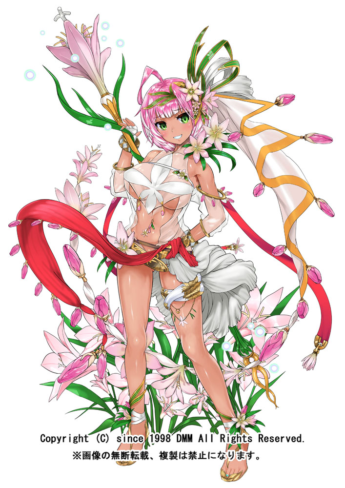 1girl breasts flower flower_knight_girl full_body green_eyes grin hair_flower hair_ornament hand_on_hip large_breasts leg_garter looking_at_viewer object_namesake pink_hair revealing_clothes sandals see-through shiny shiny_skin short_hair smile solo staff standing veil wamusato_haru white_background zephyranthes_(flower_knight_girl)