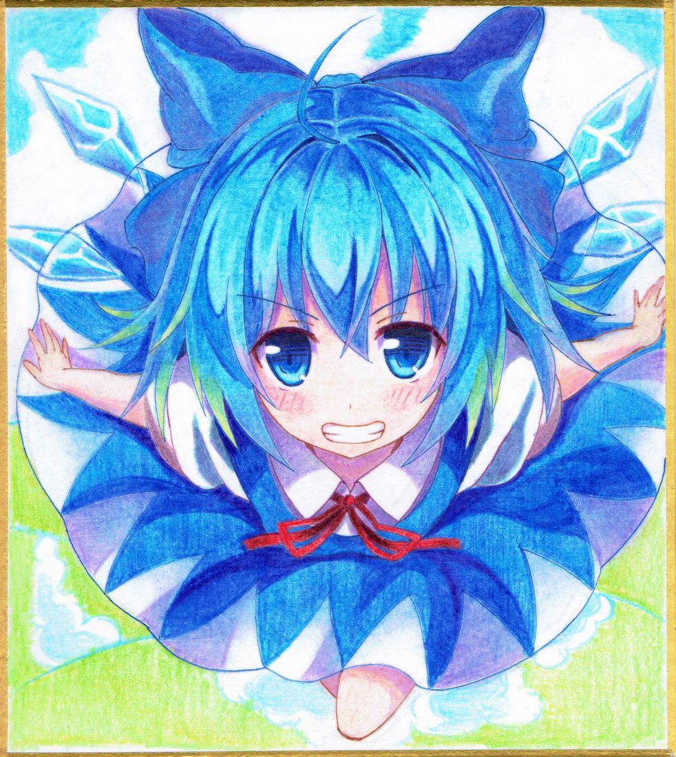 1girl blue_dress blue_eyes blue_hair bow cirno dress graphite_(medium) grin hair_bow ice ice_wings kittona looking_at_viewer millipen_(medium) outstretched_arms smile solo touhou traditional_media watercolor_pencil_(medium) wings