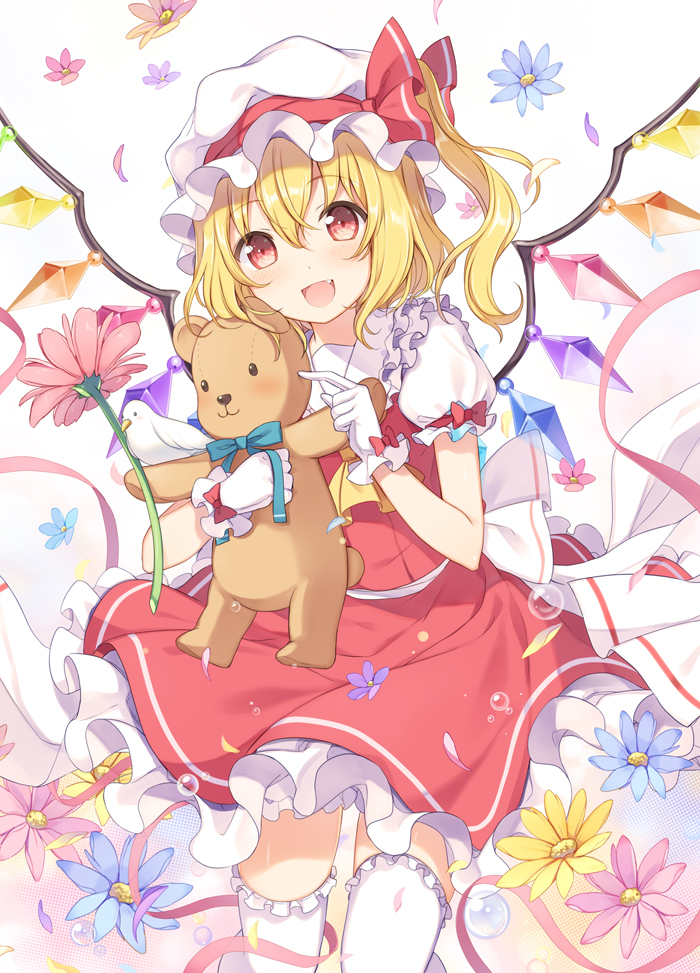 1girl 6u_(eternal_land) :3 :d animal ascot beak bird blonde_hair bloomers blue_bow blue_bowtie blush bow bowtie collar crystal demon_wings fang flandre_scarlet flower frilled_collar frills gloves gradient gradient_background hair_between_eyes hat hat_bow hat_ribbon holding leg_garter looking_at_viewer mob_cap open_mouth petals plant poking puffy_short_sleeves puffy_sleeves red_bow red_eyes red_ribbon red_skirt ribbon short_hair short_sleeves side_ponytail simple_background skirt smile soap_bubbles solo standing stuffed_animal stuffed_toy teddy_bear thigh-highs tooth touhou underwear vampire white_background white_gloves white_hat white_legwear wings zettai_ryouiki