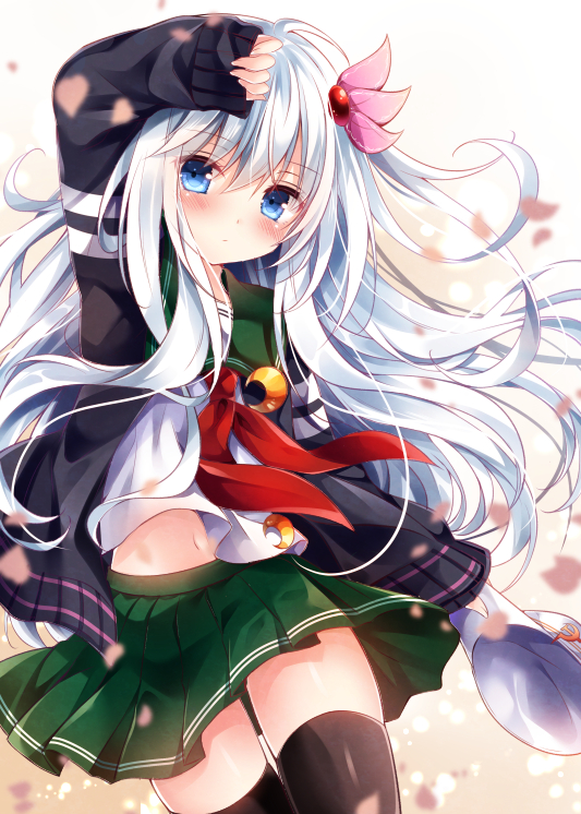 1girl :/ ahoge arm_up black_jacket black_legwear blue_eyes cherry_blossoms closed_mouth collarbone crescent dutch_angle expressionless flat_cap floating_hair green_skirt hair_ornament hairpin hand_on_forehead hat hat_removed headwear_removed hibiki_(kantai_collection) holding holding_hat jacket kantai_collection long_hair long_sleeves necktie nogi_takayoshi open_clothes open_jacket petals pleated_skirt red_necktie sailor_collar shirt simple_background skirt sleeves_past_wrists solo standing thigh-highs thigh_gap thighs verniy_(kantai_collection) very_long_hair white_hair white_hat white_shirt zettai_ryouiki