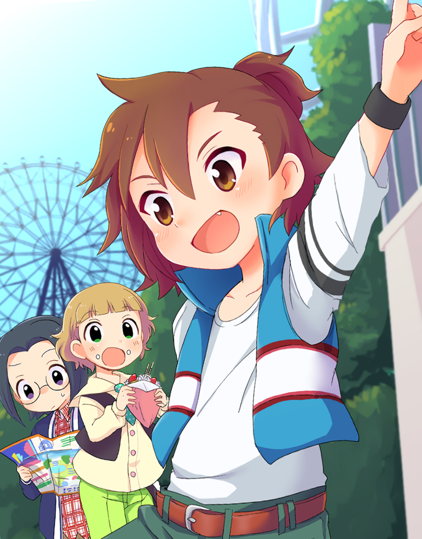 3boys amusement_park belt black_hair blush brown_eyes brown_hair chobota crepe fang ferris_wheel food food_on_face green_eyes himeno_kanon idolmaster idolmaster_side-m male_focus map mofumofuen multiple_boys necktie okamura_nao open_mouth pointing short_hair smile tachibana_shirou vest violet_eyes