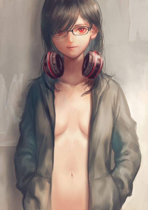 1girl black-framed_glasses black_hair breasts breasts_apart brown_background closed_mouth collarbone gradient gradient_background hands_in_pockets headphones headphones_around_neck lips long_hair looking_at_viewer midriff mole mole_under_mouth navel nishizawa no_bra nose original red_eyes simple_background smile solo standing stomach