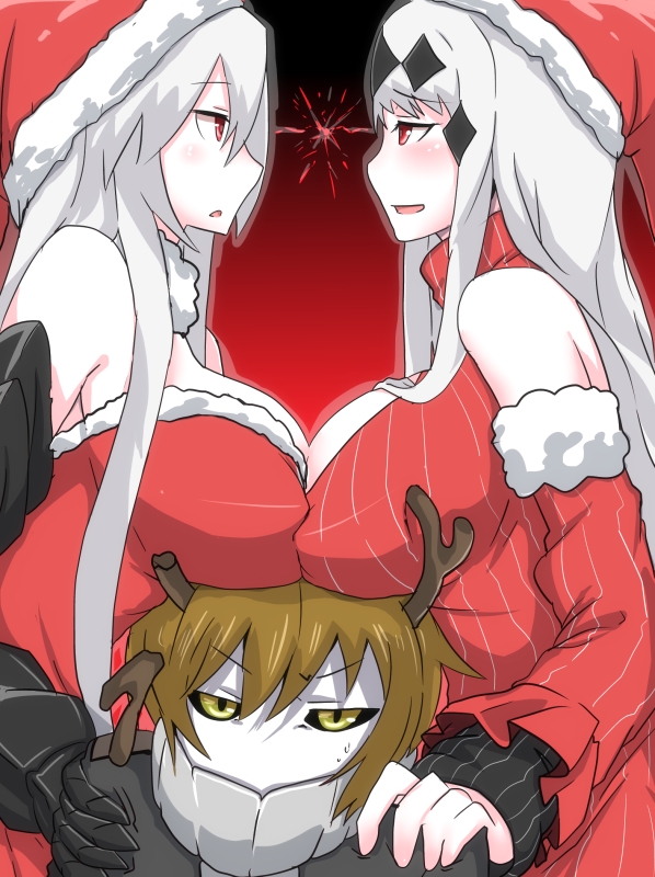 2girls abyssal_admiral_(kantai_collection) admiral_(kantai_collection) age_difference aircraft_carrier_oni aircraft_carrier_water_oni antlers black_sclera breast_press breast_rest breasts breasts_on_head christmas hat huge_breasts i_b_b_e kantai_collection long_hair multiple_girls reindeer_antlers santa_hat shinkaisei-kan shota shota_abyssal_admiral_(kantai_collection) shota_admiral_(kantai_collection) smile straight_shota sweatdrop symmetrical_docking white_hair yellow_eyes