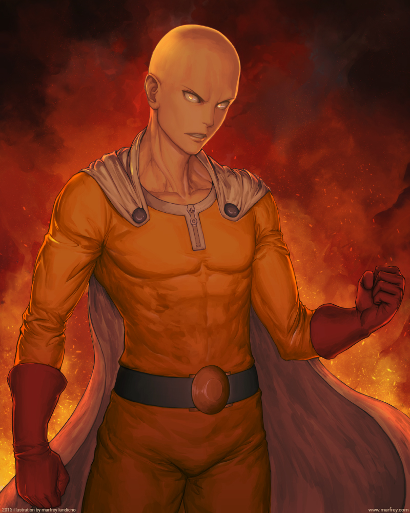 1boy abs bald belt cape clenched_hands cowboy_shot fiery_background fire gloves marfrey one-punch_man parted_lips saitama_(one-punch_man) solo standing superhero