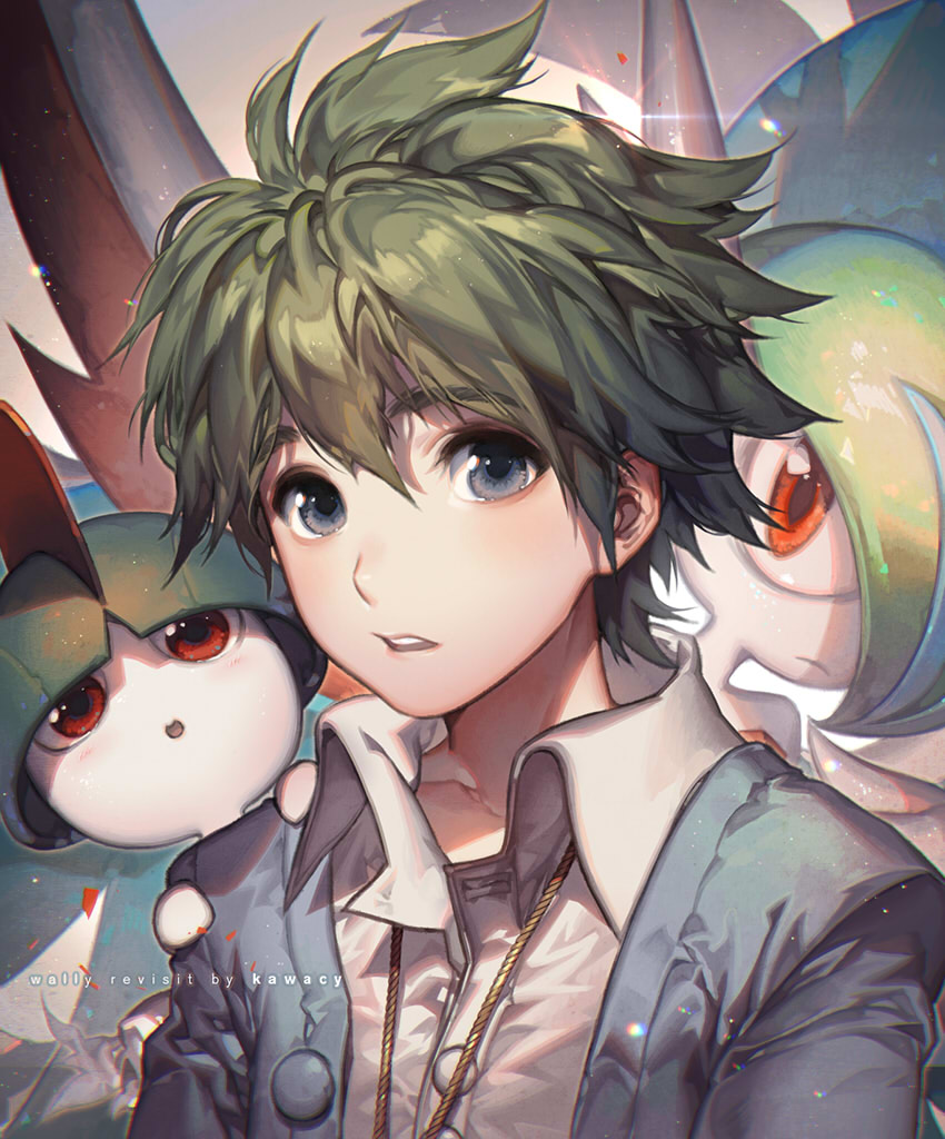 1boy :o artist_name backlighting blue_eyes blue_jacket blush character_name closed_mouth collarbone collared_shirt dress_shirt gallade green_hair hair_between_eyes jacket jewelry kawacy light_rays looking_at_viewer male_focus mitsuru_(pokemon) necklace on_shoulder open_clothes open_jacket open_mouth parted_lips peeking pokemon pokemon_(creature) pokemon_(game) pokemon_oras ralts red_eyes revision round_teeth shirt size_difference teeth unbuttoned white_shirt