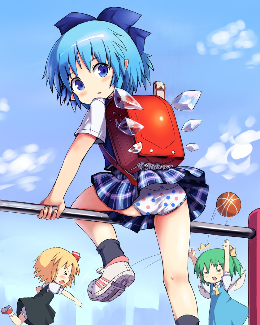 &gt;_&lt; 3girls =_= alternate_costume ascot backpack bag ball black_dress black_legwear blonde_hair bloomers blue_dress blue_eyes blue_hair blue_skirt blue_sky blue_vest blush bow cirno cityscape closed_eyes clouds daiyousei day dress fairy_wings green_hair hair_bow hakkotsu_shitai hands_up hitting ice ice_wings looking_at_viewer looking_back multiple_girls open_mouth panties pantyshot parted_lips plaid plaid_skirt polka_dot polka_dot_panties red_shoes rumia shiny shiny_skin shirt shoes short_hair side_ponytail skirt sky sneakers socks throwing touhou underwear white_panties white_shirt wings