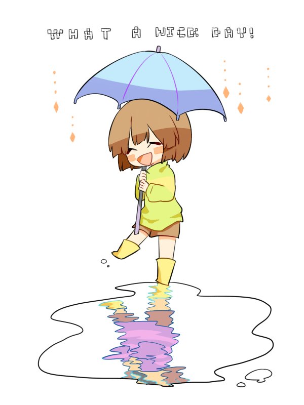 :d ^_^ androgynous blush_stickers boots chara_(undertale) closed_eyes different_reflection english frisk_(undertale) misha_(hoongju) open_mouth puddle rain reflection shirt smile striped striped_shirt umbrella undertale