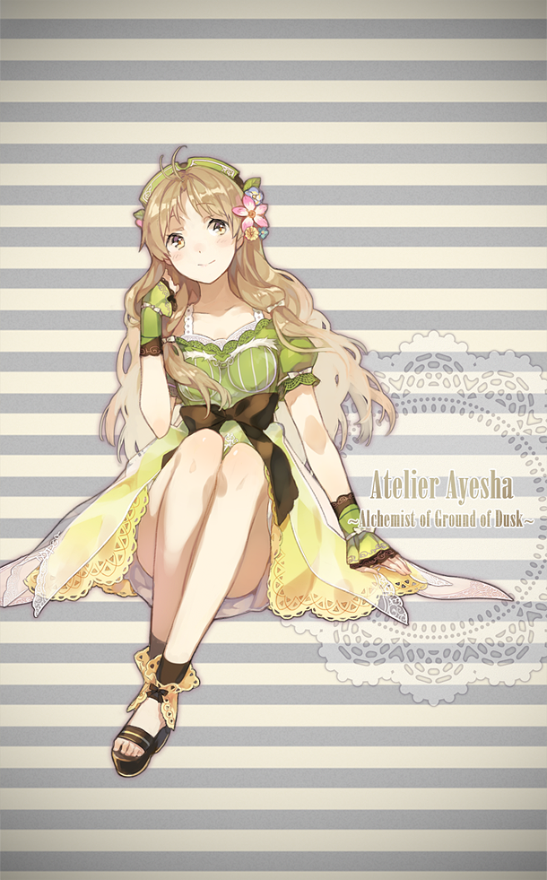 1girl antenna_hair atelier_(series) atelier_ayesha ayesha_altugle black_bow bow brown_hair copyright_name dress flower green_dress hair_flower hair_ornament hat iritoa long_hair open_toe_shoes shoes sitting smile solo wrist_cuffs yellow_eyes