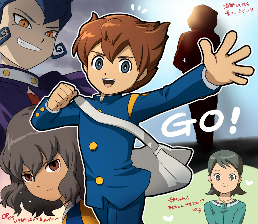 1girl 4boys blue_gakuran blue_hair brown_eyes brown_hair gakuran gouenji_shuuya heart inazuma_eleven_(series) inazuma_eleven_go kino_aki matsukaze_tenma mizuhara_aki multiple_boys open_mouth raimon raimon_school_uniform raimon_soccer_uniform school_uniform shindou_takuto soccer_uniform sportswear tears tsurugi_kyousuke