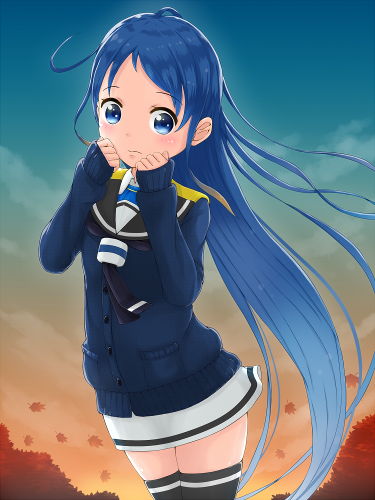 1girl autumn blue_eyes blue_hair cardigan gecotan gradient_hair hands_raised kantai_collection long_hair looking_at_viewer multicolored_hair samidare_(kantai_collection) school_uniform serafuku sky sleeves_past_wrists sunset thigh-highs very_long_hair