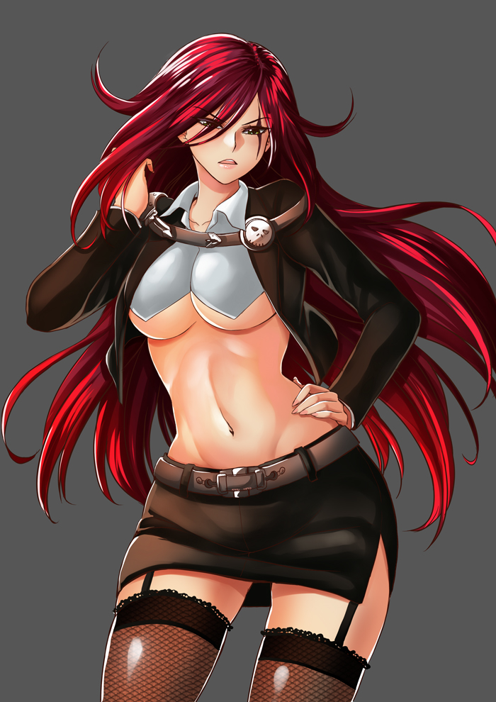 1girl belt breasts brown_legwear crop_top garter_straps green_eyes hand_in_hair hand_on_hip jacket kaori_hero katarina_du_couteau large_breasts league_of_legends long_hair long_sleeves looking_at_viewer midriff miniskirt navel no_bra open_clothes open_jacket redhead side_slit skirt solo thigh-highs under_boob very_long_hair zettai_ryouiki