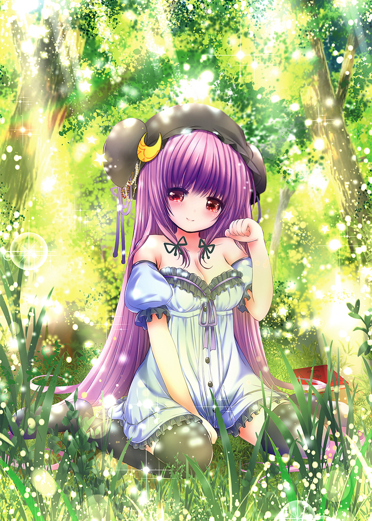 1girl alternate_costume arm_garter arm_up bangs bare_shoulders between_legs black_legwear black_ribbon blush book breasts catbell cleavage collarbone crescent crescent_hair_ornament dappled_sunlight dress grass hair_ornament hair_ribbon hand_between_legs hat long_hair looking_at_viewer mob_cap nature outdoors patchouli_knowledge purple_hair red_eyes revision ribbon sitting smile solo sunlight thigh-highs touhou tree tress_ribbon very_long_hair wariza