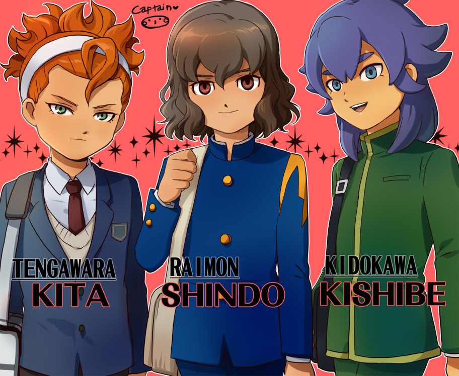 3boys blazer blue_eyes blue_gakuran brown_eyes brown_hair character_name english gakuran green_eyes green_gakuran hairband heart inazuma_eleven_(series) inazuma_eleven_go kidokawa_seishuu kishibe_taiga kita_ichiban looking_at_viewer male_focus mizuhara_aki multiple_boys necktie open_mouth orange_hair purple_hair raimon raimon_school_uniform romaji school_uniform shindou_takuto simple_background sparkle tengawara