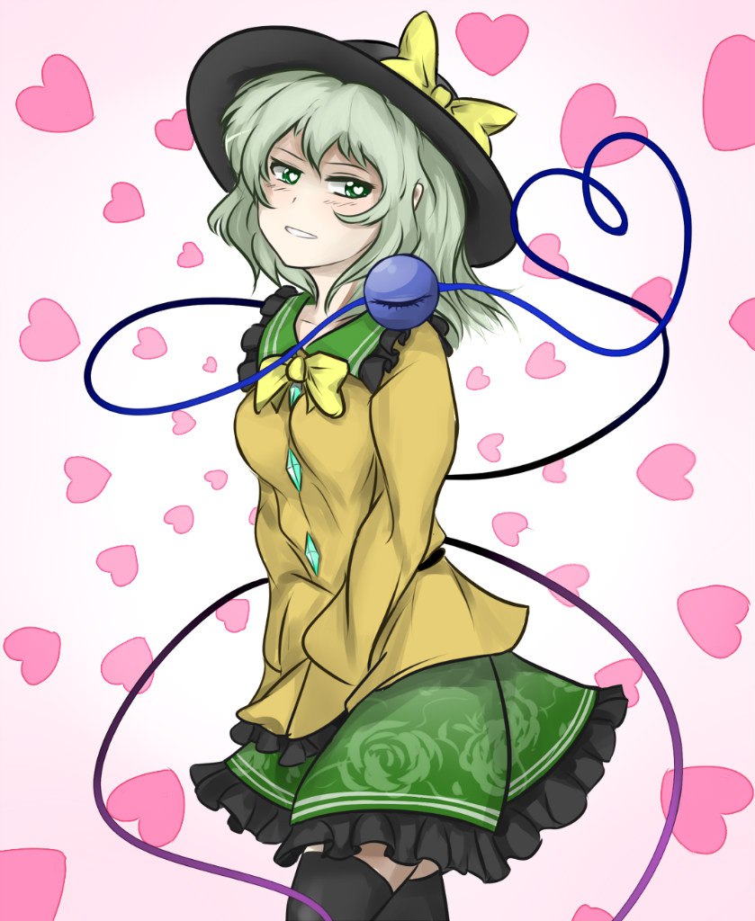 1girl black_hat blush bow bowtie buttons collar eyeball floral_print frilled_collar frills green_eyes green_hair hat hat_bow hat_ribbon heart heart_of_string jacket jpeg_artifacts komeiji_koishi long_sleeves looking_at_viewer looking_to_the_side open_eyes open_mouth pan-ooh ribbon short_hair skirt smile solo string thigh-highs third_eye touhou upper_body yellow_bow yellow_bowtie yellow_jacket zettai_ryouiki