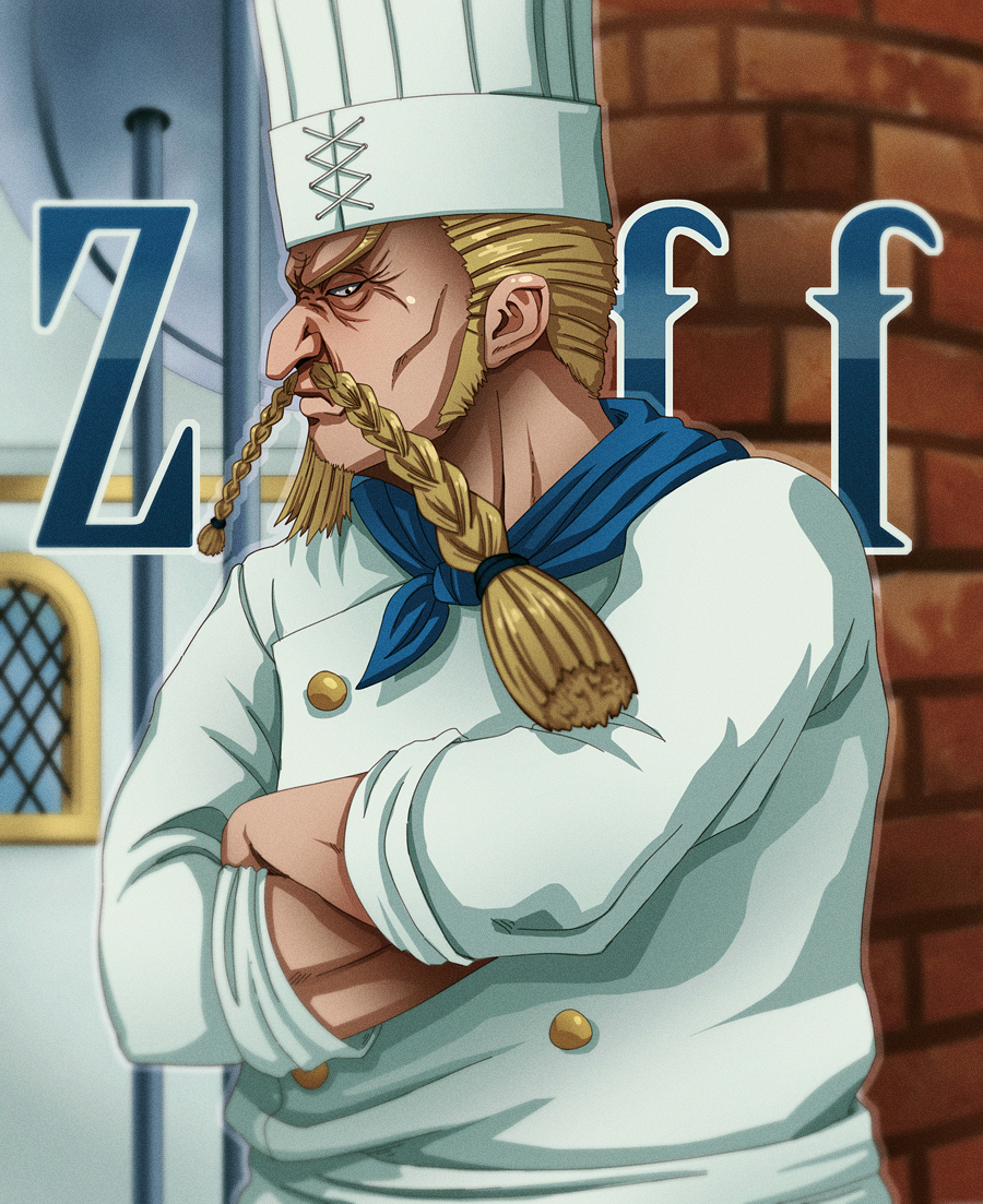 1boy beard blonde_hair braid character_name chef chef_hat chef_uniform coreymill facial_hair hat mustache one_piece solo zeff