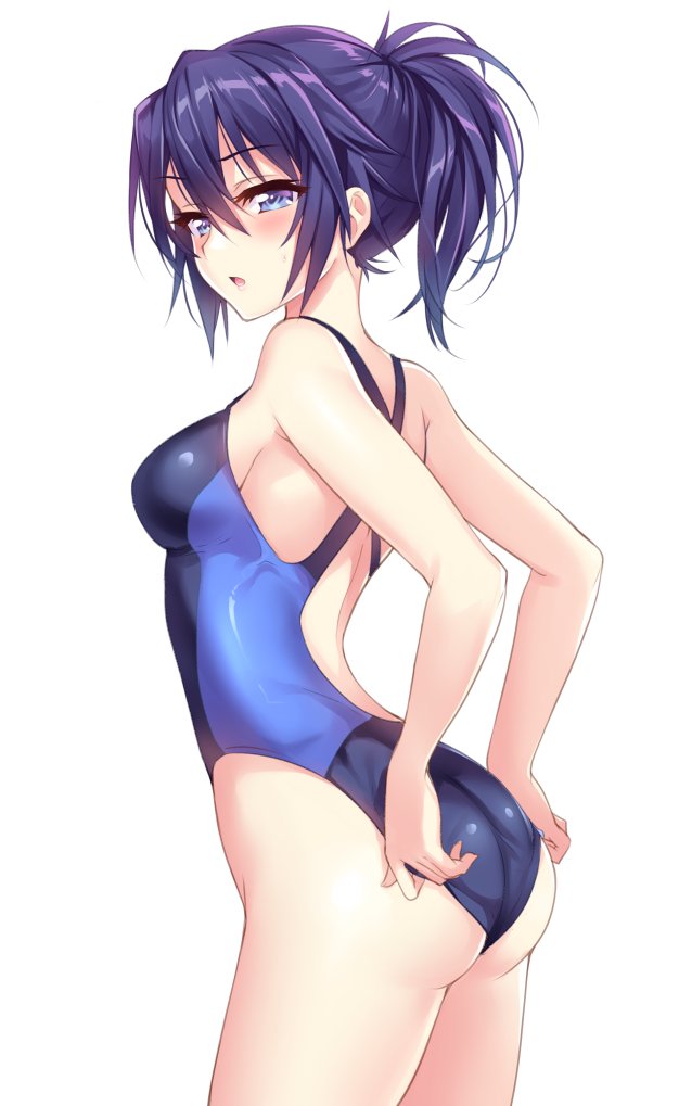1girl :o adjusting_clothes adjusting_swimsuit ass back_opening bare_arms bare_shoulders blue_eyes blue_swimsuit blush breasts competition_swimsuit cowboy_shot eyebrows eyebrows_visible_through_hair from_side gan_(shanimuni) hair_between_eyes hips looking_to_the_side mahou_shoujo_madoka_magica mahou_shoujo_suzune_magica one-piece_swimsuit open_mouth parted_lips purple_hair shion_chisato short_hair simple_background skin_tight solo standing swimsuit thighs tsurime white_background
