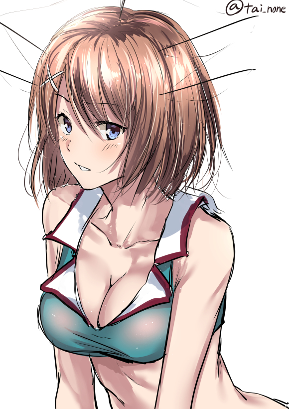 1girl adapted_costume bikini_day blue_eyes blush breasts brown_hair cleavage collarbone commentary_request kantai_collection looking_at_viewer maya_(kantai_collection) medium_breasts midriff parted_lips remodel_(kantai_collection) school_uniform serafuku short_hair sleeveless solo tai_(nazutai) twitter_username upper_body x_hair_ornament