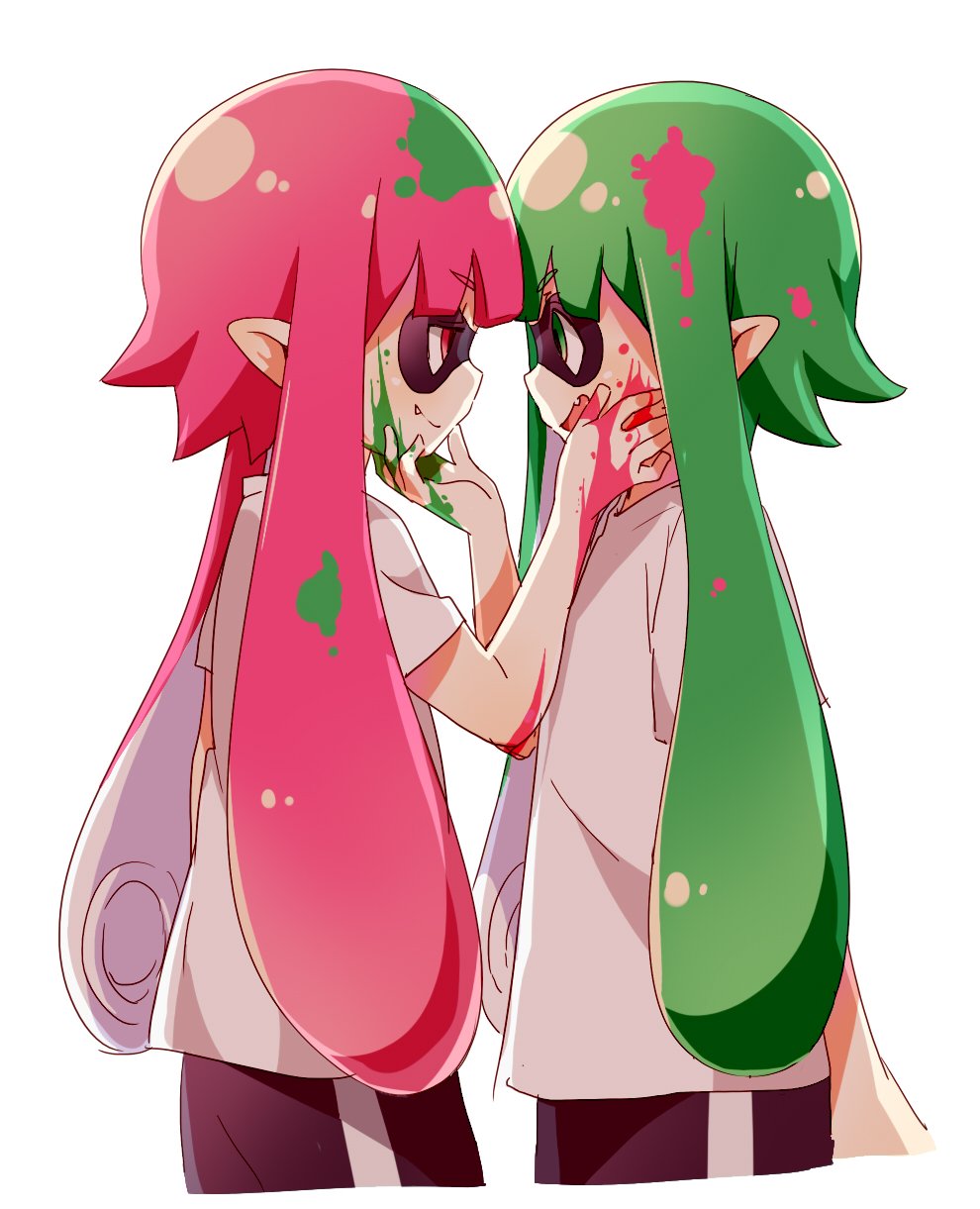 2girls eye_contact green_eyes green_hair hand_on_another's_cheek hand_on_another's_face highres ink ink_on_face inkling looking_at_another mask multiple_girls namori open_mouth pink_hair red_eyes shirt simple_background splatoon t-shirt tentacle_hair white_background white_shirt yuri