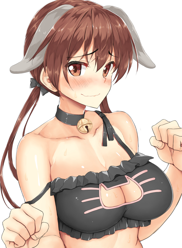 1girl animal_ears bell bell_choker black_bra blush body_mahattaya_ginga bra breasts brown_eyes brown_hair cat_cutout cat_lingerie choker cleavage_cutout dog_ears gertrud_barkhorn jingle_bell large_breasts long_hair looking_at_viewer paw_pose simple_background smile solo strike_witches underwear white_background