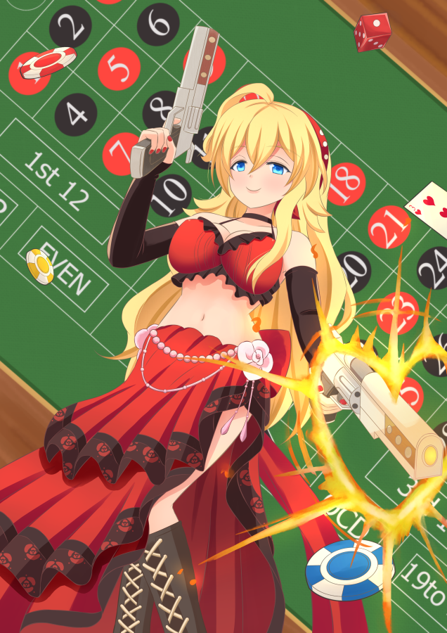 1girl blonde_hair blue_eyes breasts card character_request cleavage dice dual_wielding gun handgun hips merc_storia midriff navel pistol playing_card poker_chip poker_table revolver sizukage solo weapon