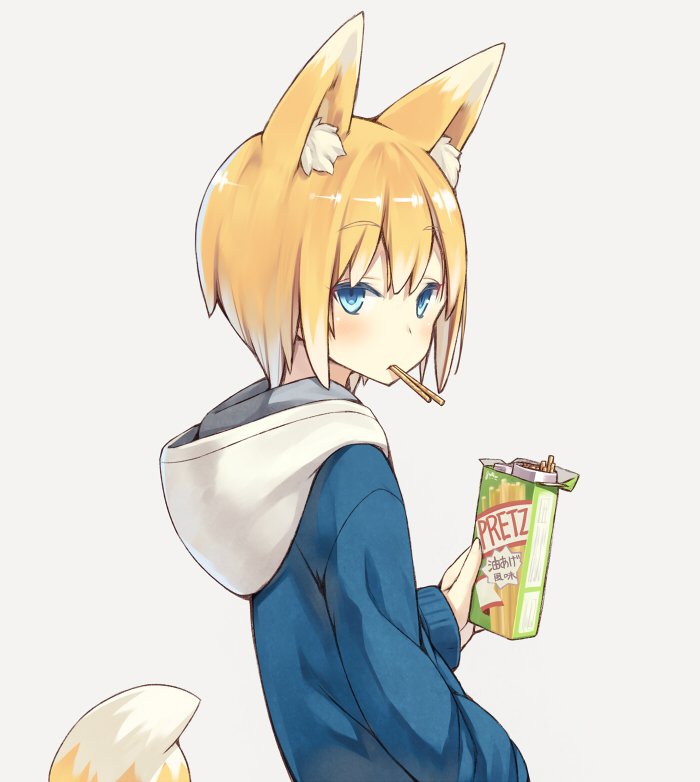 1girl animal_ears blonde_hair blue_eyes eating food food_in_mouth fox_ears fox_tail hand_in_pocket holding hood hoodie long_sleeves looking_at_viewer original poco_(asahi_age) pretz shiratama_kitsune short_hair simple_background solo tail upper_body white_background