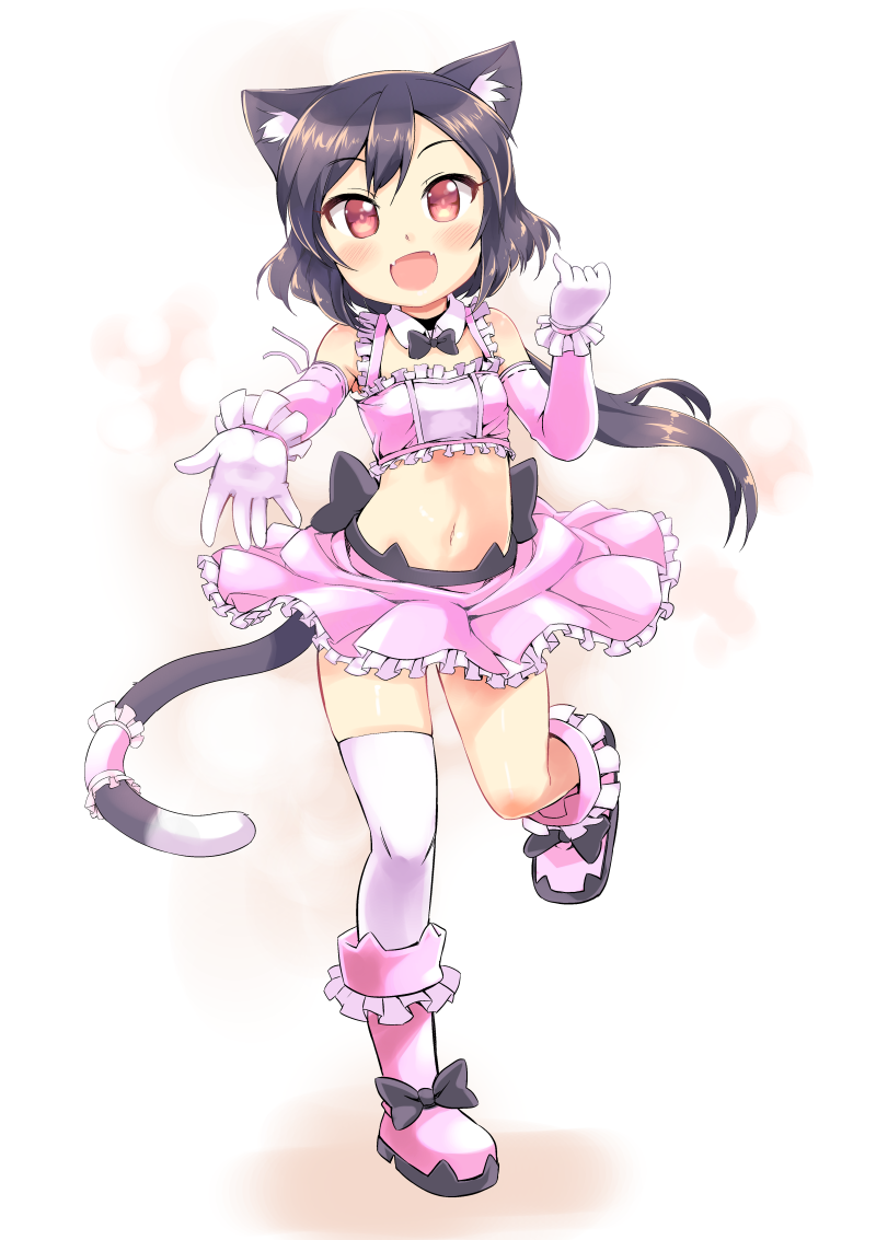 1girl animal_ears black_hair blush boots cat_ears detached_sleeves fangs garun_wattanawessako gloves long_hair midriff navel open_mouth original outstretched_hand ponytail red_eyes single_thighhigh skirt smile solo standing_on_one_leg tail thigh-highs white_background white_legwear wind wind_lift