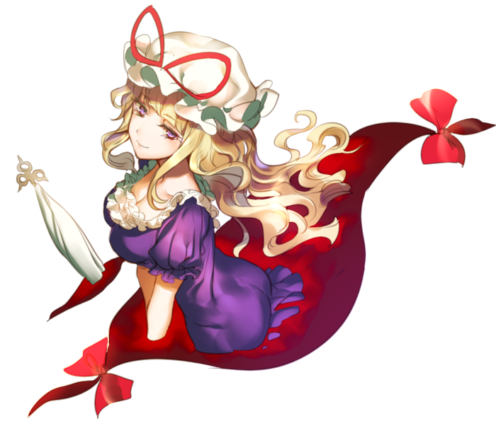 1girl blonde_hair bow breasts cleavage dress gap hat hat_ribbon kikugetsu long_hair looking_at_viewer mob_cap parasol puffy_sleeves purple_dress ribbon short_sleeves simple_background smile solo touhou umbrella violet_eyes white_background yakumo_yukari