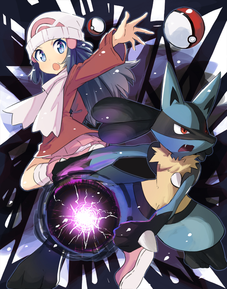 &gt;:o 1girl :o abe_kanari ankle_boots beanie blue_eyes blue_hair boots coat colored_eyelashes fang hat hikari_(pokemon) kneehighs leg_up long_hair long_sleeves looking_at_viewer lucario open_mouth panties pink_boots pink_skirt poke_ball poke_ball_print pokemon pokemon_(creature) pokemon_(game) pokemon_dppt polka_dot polka_dot_panties red_coat scarf shadow_ball shoe_soles sidelocks skirt sparkle throwing_poke_ball tooth underwear white_hat white_legwear white_panties white_scarf