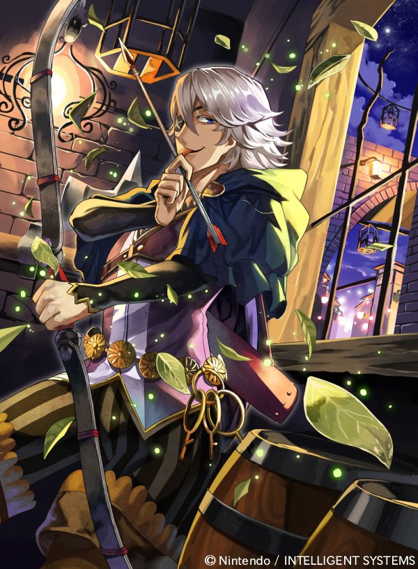 1boy arrow bow_(weapon) dark_skin eyepatch fire_emblem fire_emblem_cipher fire_emblem_if key lamp leaf official_art solo tongue tongue_out weapon white_hair wingwool zero_(fire_emblem_if)