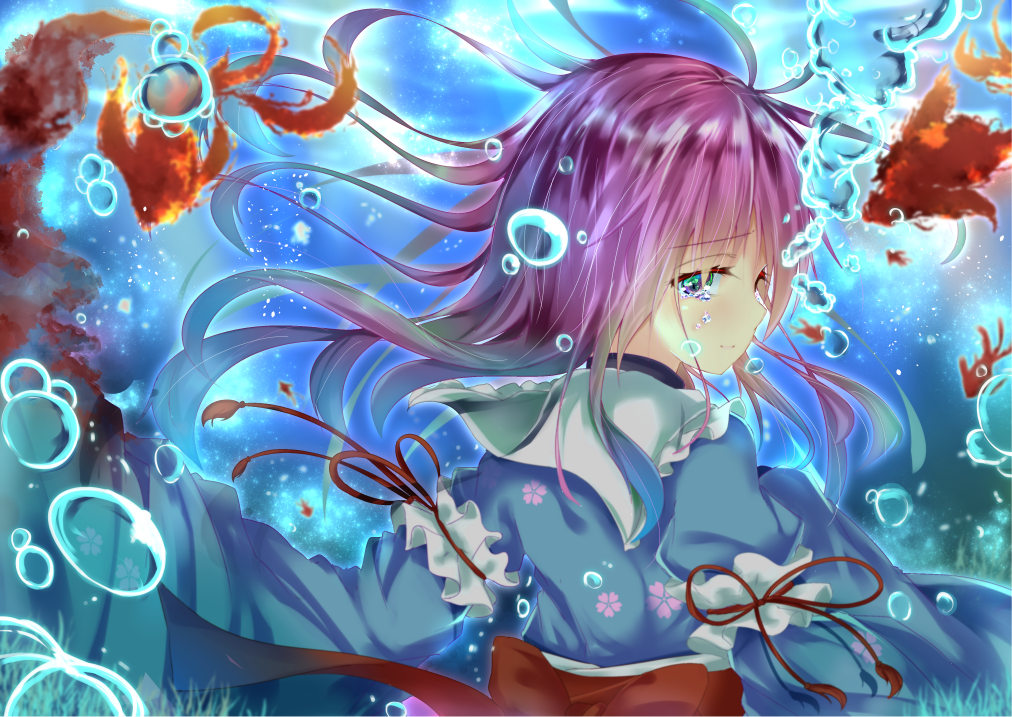 1girl alternate_hair_color arm_ribbon bubble caustics collar fish floating_hair floral_print frilled_collar frills from_behind gradient_hair light_particles long_hair long_sleeves mikage000 multicolored_hair no_hat obi purple_hair reflective_eyes ribbon saigyouji_yuyuko sash shiny shiny_hair siamese_fighting_fish smile solo touhou underwater upper_body violet_eyes