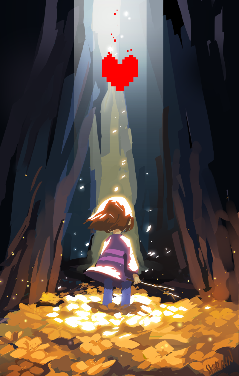 androgynous artist_name brown_hair cave flower flower_bed frisk_(undertale) from_behind heart highres serain shirt solo spotlight stick striped striped_shirt tagme undertale