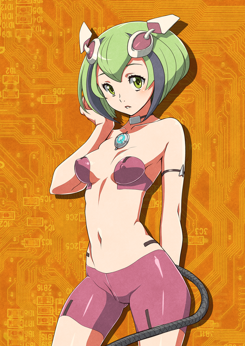 1girl android arm_garter bare_arms bare_shoulders bike_shorts blush bra breasts circuit_board collarbone date_naoto dimension_w green_eyes green_hair headgear looking_at_viewer multicolored_hair navel parted_lips pink_bra pink_shorts short_hair solo streaked_hair tail two-tone_hair underwear yurizaki_mira