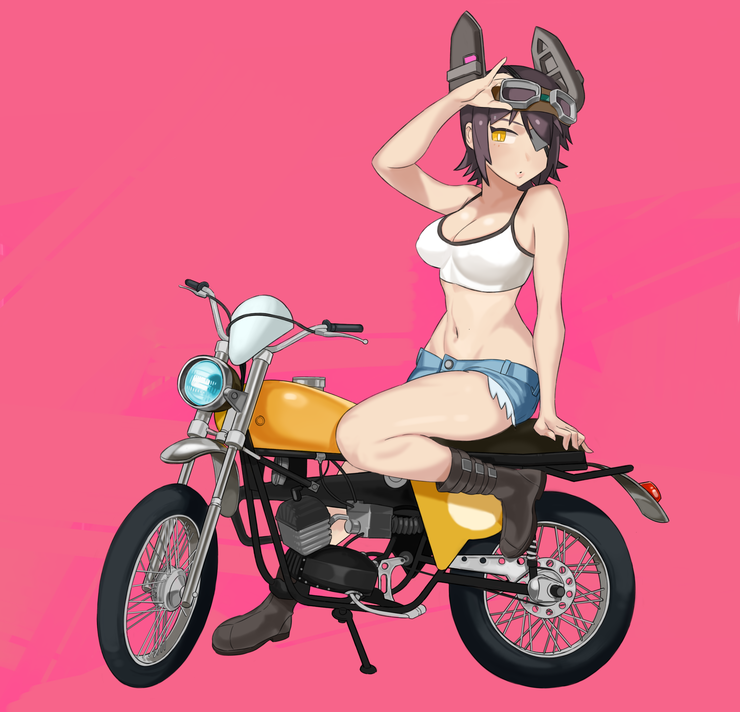 1girl :o adjusting_goggles alternate_costume arm_support belt boots breasts camisole cleavage contemporary crop_top denim denim_shorts eyepatch full_body goggles goggles_on_head gom_(kooskoo) groin headgear kantai_collection midriff motor_vehicle motorcycle navel pink_background purple_hair short_hair shorts simple_background sitting solo stomach tenryuu_(kantai_collection) vehicle yellow_eyes