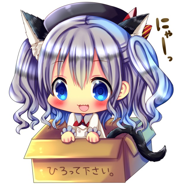 1girl animal_ears blue_eyes blush box cardboard_box cat_ears cat_tail chibi chocolat_(momoiro_piano) commentary_request for_adoption hat in_box in_container kantai_collection kashima_(kantai_collection) kemonomimi_mode long_hair long_sleeves military military_uniform open_mouth silver_hair smile solo tail twintails uniform