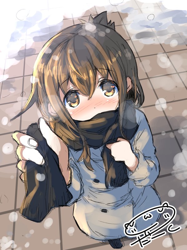 1girl alternate_costume artist_name blush brown_eyes brown_hair coat commentary_request darkside from_above inazuma_(kantai_collection) interacting_with_viewer kantai_collection looking_at_viewer looking_up outdoors scarf snow