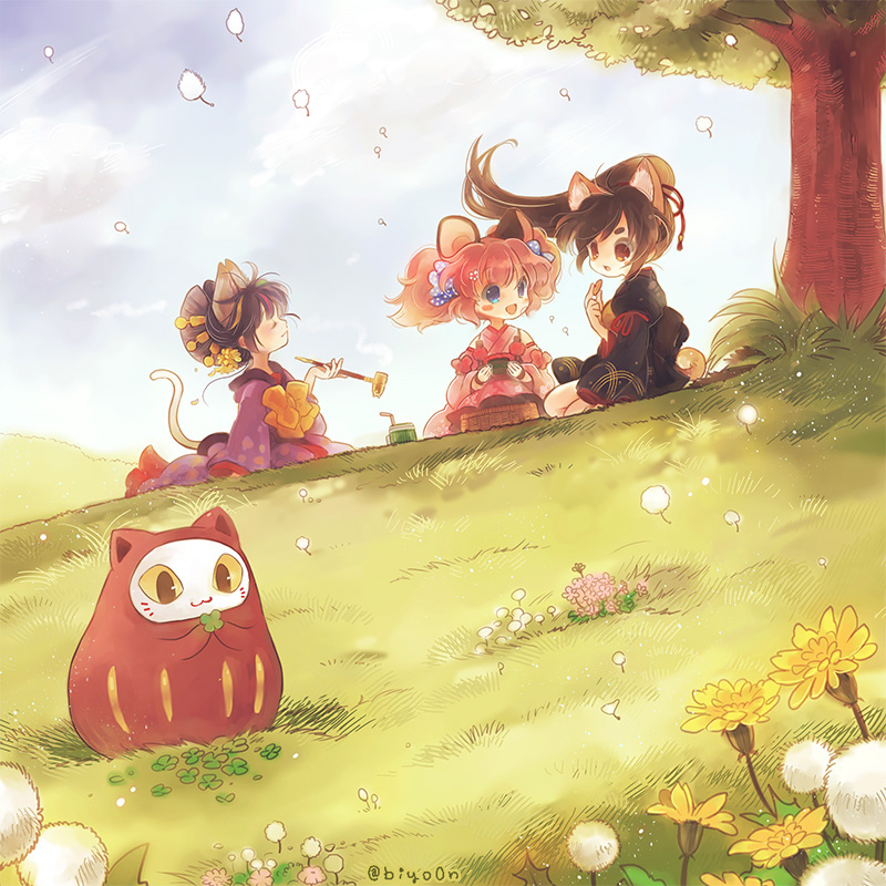 3girls :d a_(show_by_rock!!) animal_ears bangs basket biyon blue_eyes blue_sky blush_stickers bow brown_hair cat_ears cat_tail closed_eyes closed_mouth clouds clover dandelion daru_dayu daruma_doll dog_ears dog_tail drinking_straw eating floating_hair flower food grass hair_bow hair_ornament hair_ribbon hair_stick holding_food holding_pipe japanese_clothes kimono long_hair long_sleeves mouse_ears multicolored_hair multiple_girls obi on_ground open_mouth outdoors picnic pink_hair pipe polka_dot polka_dot_bow ponytail profile puffy_long_sleeves puffy_sleeves red_eyes ribbon sash show_by_rock!! sitting sky smile smoking_pipe streaked_hair swept_bangs tail tassel tea tree twintails un_(show_by_rock!!) under_tree wide_sleeves wind yellow_flower