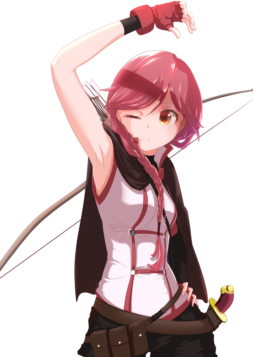 1girl :c arrow belt bow_(weapon) braid gloves hai_to_gensou_no_grimgar hand_on_hip highres knife long_hair one_eye_closed pink_hair pouch quiver solo weapon yellow_eyes yume_(grimgar)