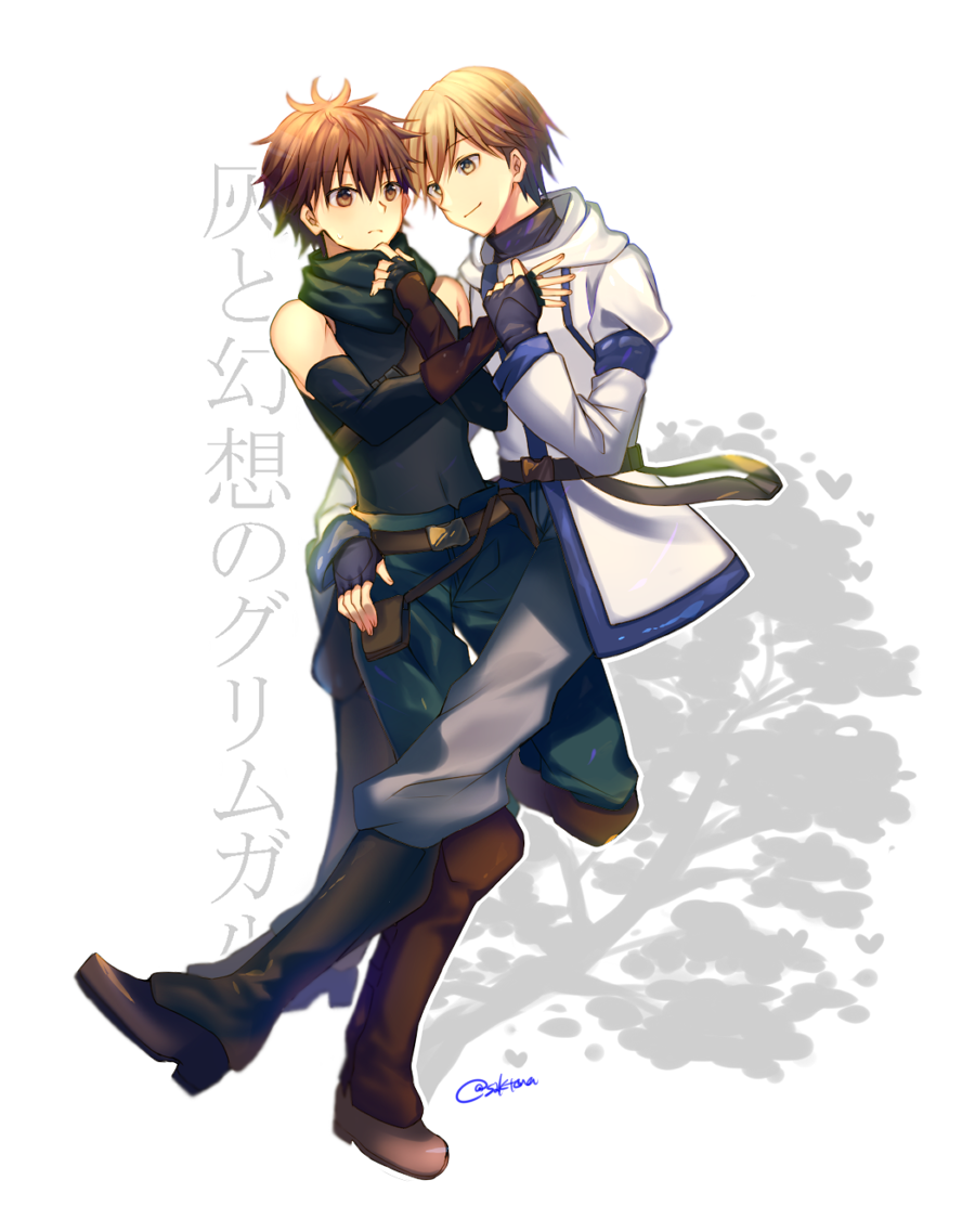 2boys blush boots brown_eyes brown_hair cloak fingerless_gloves gloves hai_to_gensou_no_grimgar haruhiro_(grimgar) holding_hands hood hooded_cloak manato_(grimgar) multiple_boys nishinomiya_saku scarf short_hair smile turtleneck