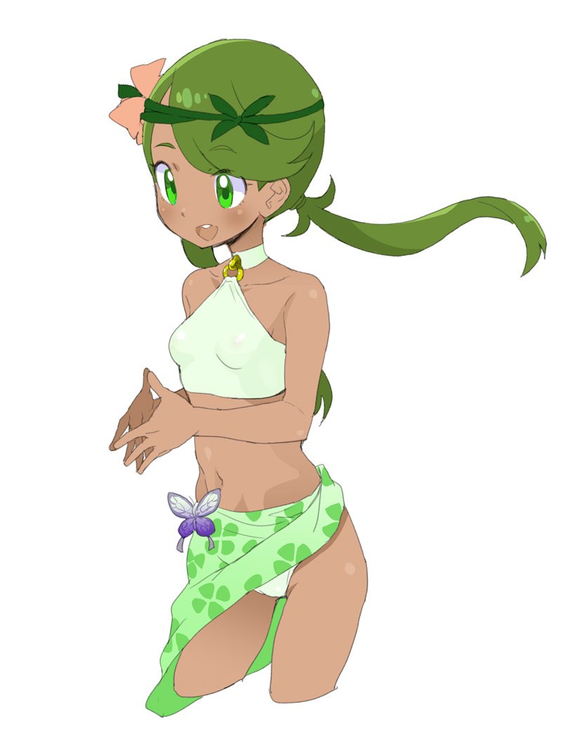 1girl blush breasts butterfly_ornament choker commentary_request cowboy_shot dark_skin fingers_together flower gluteal_fold green_eyes green_hair hair_flower hair_ornament halterneck headband long_hair mallow_(pokemon) midriff navel ookamiuo pokemon pokemon_(game) pokemon_sm ponytail sarong small_breasts smile solo swimsuit