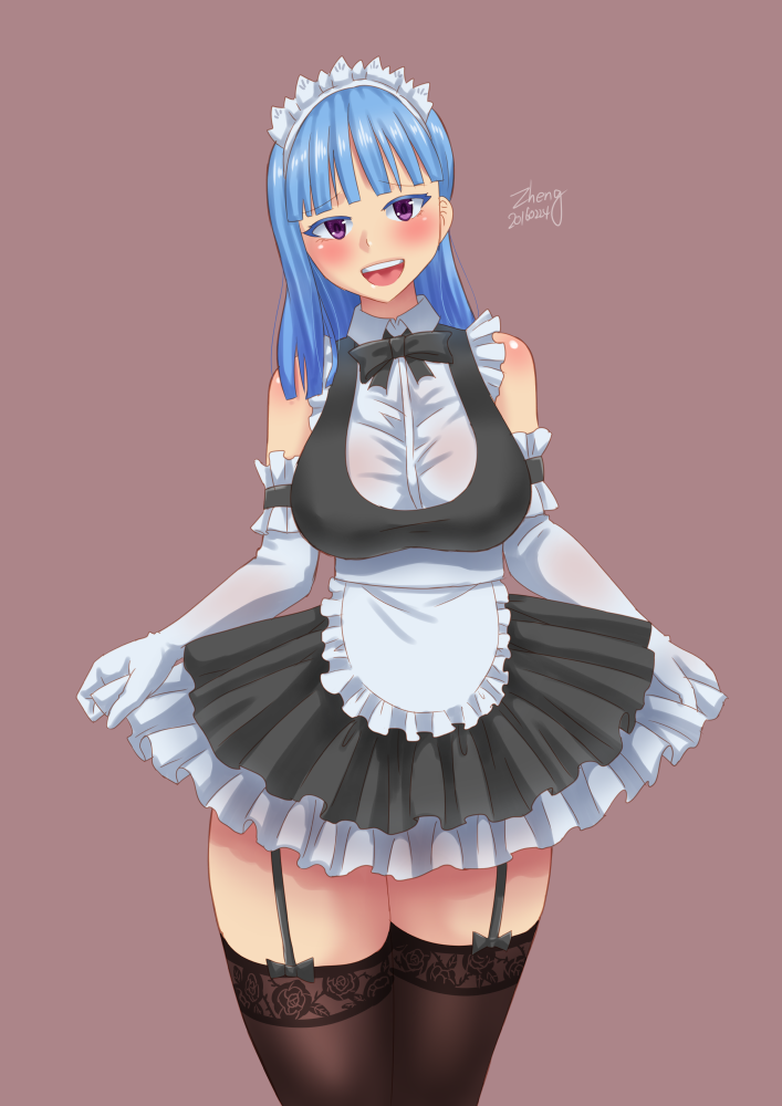 apron bare_shoulders black_legwear blue_hair breasts curtsey elbow_gloves garter_straps gloves large_breasts looking_at_viewer maid maid_apron maid_headdress open_mouth original smile thigh-highs violet_eyes white_gloves zheng