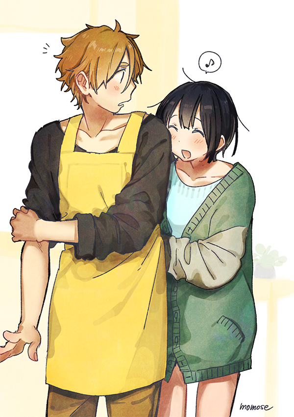 1boy 1girl alternate_hair_length alternate_hairstyle apron black_hair brown_eyes brown_hair cardigan closed_eyes couple husband_and_wife kitashirakawa_tamako momose_(oqo) ooji_mochizou tamako_market