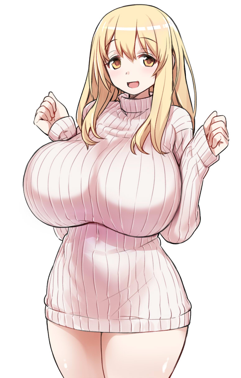1girl 774_(nanashi) :d blonde_hair blush breasts character_request highres huge_breasts long_hair long_sleeves looking_at_viewer naked_sweater open_mouth ribbed_sweater simple_background smile sweater white_background yellow_eyes