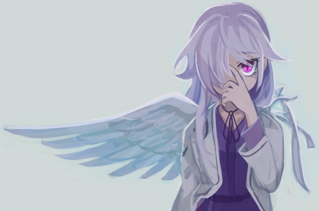 1girl dress hair_over_one_eye hand_on_own_face jacket kishin_sagume long_sleeves looking_at_viewer sakamoto_(pompa) short_hair silver_hair simple_background single_wing solo touhou upper_body violet_eyes wings