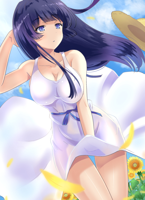 1girl bare_shoulders blue_eyes blue_hair blue_ribbon breasts cleavage collarbone dress dress_lift flower hat hat_removed headwear_removed hime_cut ishizu_kayu large_breasts long_hair looking_away ribbon sleeveless solo sora_no_method straw_hat sundress sunflower togawa_shione white_dress